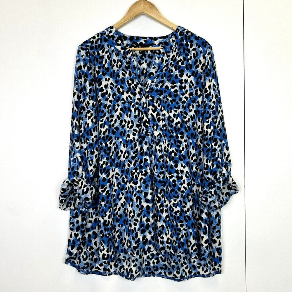 Lily Morgan Blouse Womens Plus Size 1X Blue Animal Print Roll Tab Sleeve Popover